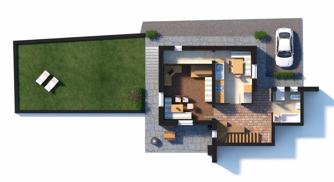 Grundriss Erdgeschoss mit Stube, Küche, Bad, Garten und Parkplatz